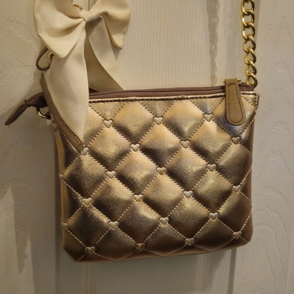Luv Betsey by Betsey Johnson Gold Quilted Crossbody Bag with Bow Accent - Picture 3 of 11